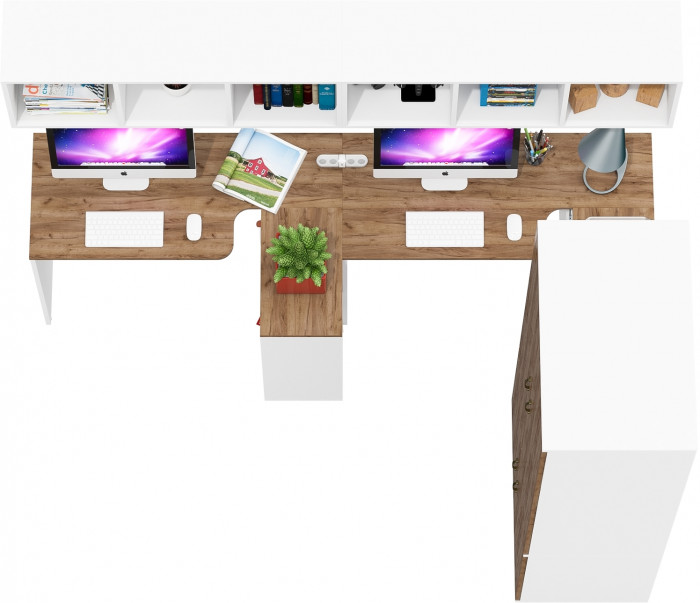 Лидер-8 Стол + Полка + Стол + Полка + Шкаф МД 19Б, белый шагрень/крафт золото