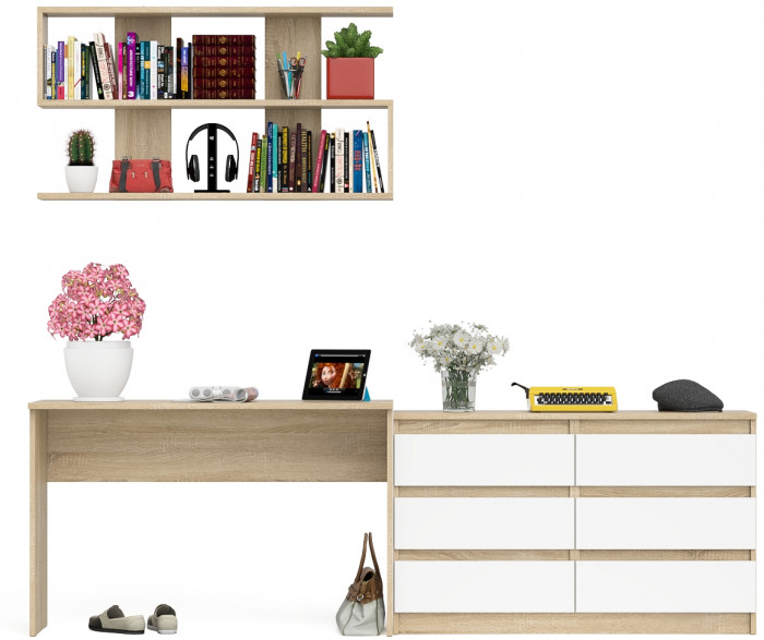 Мори письменный стол МСП1200.1 + Комод МК1200.6 + Полка 1200, дуб сонома/белый