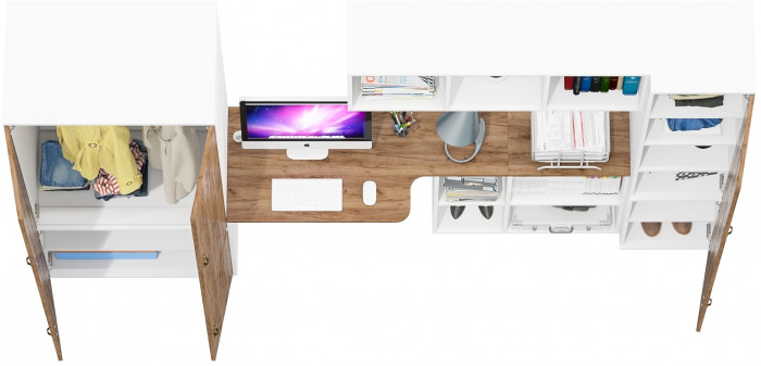 Лидер-8 Шкаф МД 19Б + Стол + Полка + Пенал 22Б, белый шагрень/крафт золото