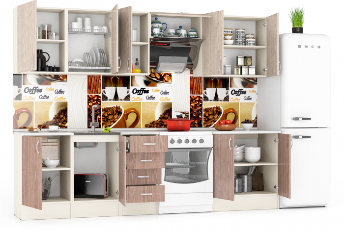 Кухня Мери 09 ШВ500+ШВ500+ШВ400+ШВв600+ШВ800+ШН500+ШНМ500+ШН4Я400+ШН800, цвет дуб/ясень шимо светлый/тёмный, ШхГхВ 280х30х67 см./220х60х85 см.