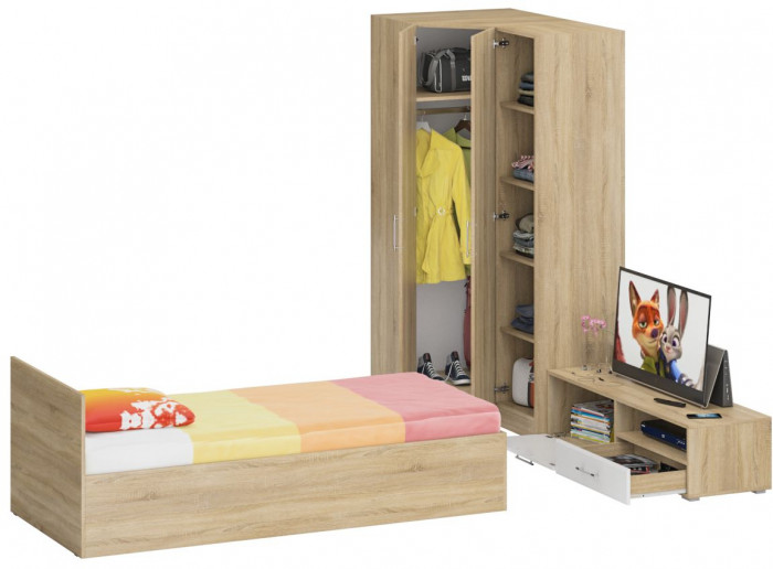 Спальня Стандарт 4-0900, дуб сонома/фасады ТВ тумбы МДФ белый глянец