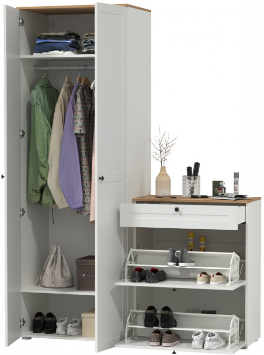 Остин Прихожая 05, цвет белый шагрень/дуб крафт золотой, ШхГхВ 160х54,3х229,6 см., универсальная сборка