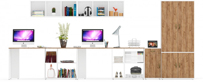 Лидер-8 Стол + Полка + Стол + Полка + Шкаф МД 20Б + Тумба МД 3.15, белый шагрень/крафт золото