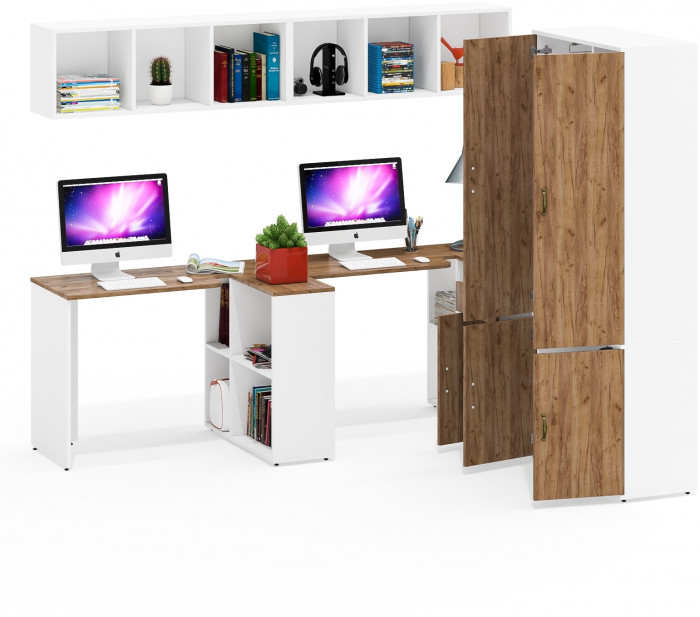 Лидер-8 Стол + Полка + Стол + Полка + Шкаф МД 20Б + Тумба МД 3.15, белый шагрень/крафт золото