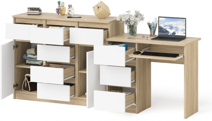 Мори компьютерный стол МС-6 левый + Комод МК1200.4, дуб сонома/белый
