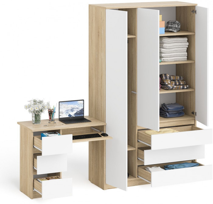 Мори компьютерный стол МС-6 левый + Шкаф МШ1200.1, дуб сонома/белый
