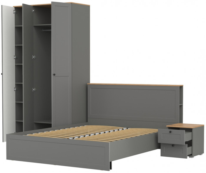 Остин 11.53 Кровать + ортопед + 13.336.03 Шкаф для одежды + 16.152 Тумба прикроватная, серый графит/дуб крафт золотой