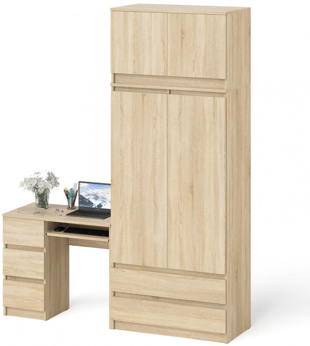Мори Стол компьютерный МС-6 левый + Шкаф МШ900.1 + Антресоль МА900.1, цвет дуб сонома, ШхГхВ 180,4х50,4х234,2 см., выдвиж. ящики слева, НЕ ун. сб.