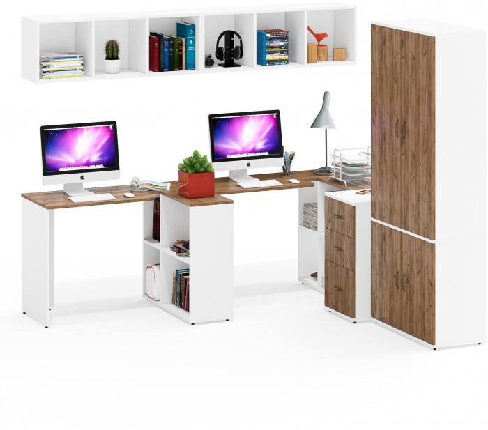 Лидер-8 Стол + Полка + Стол + Полка + Шкаф МД 20Б + Тумба МД 3.16, белый шагрень/крафт золото