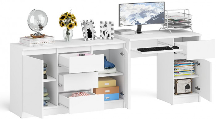 Мори компьютерный стол МС-1 правый + Комод МК1200.3, белый