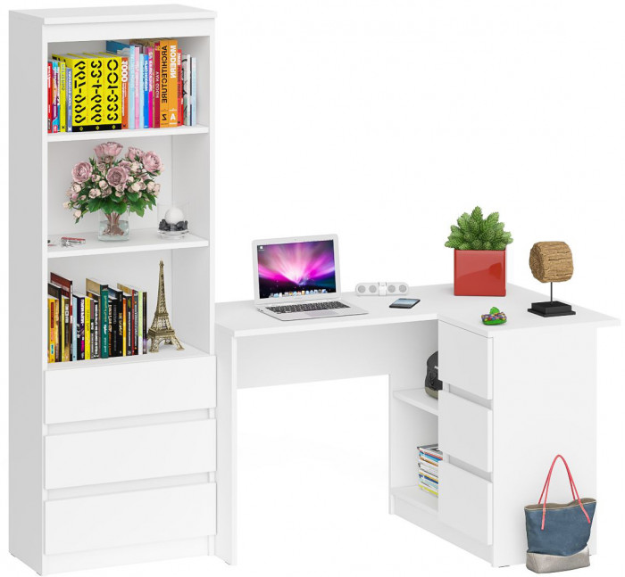 Мори компьютерный стол МС-16 правый + Стеллаж МСТ600.3, белый