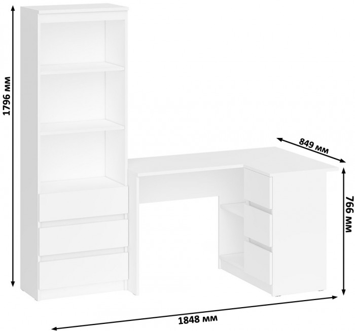 Мори компьютерный стол МС-16 правый + Стеллаж МСТ600.3, белый