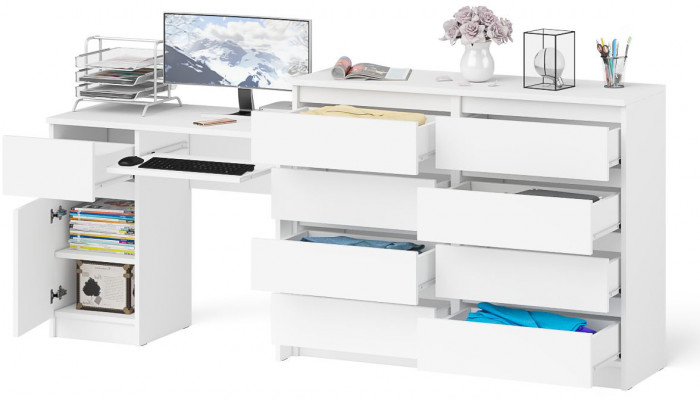Мори Стол компьютерный МС-1 левый + Комод МК1200.8, цвет белый, ШхГхВ 210,4х50х94 см., выдвижной ящик слева, НЕ универсальная сборка