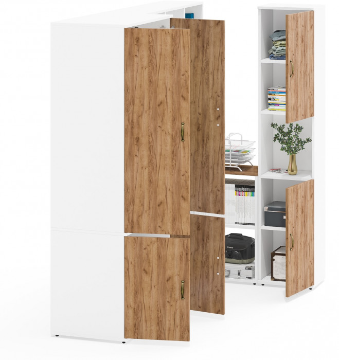 Лидер-8 Шкаф МД 19Б + Стол + Полка + Пенал, белый шагрень/крафт золото