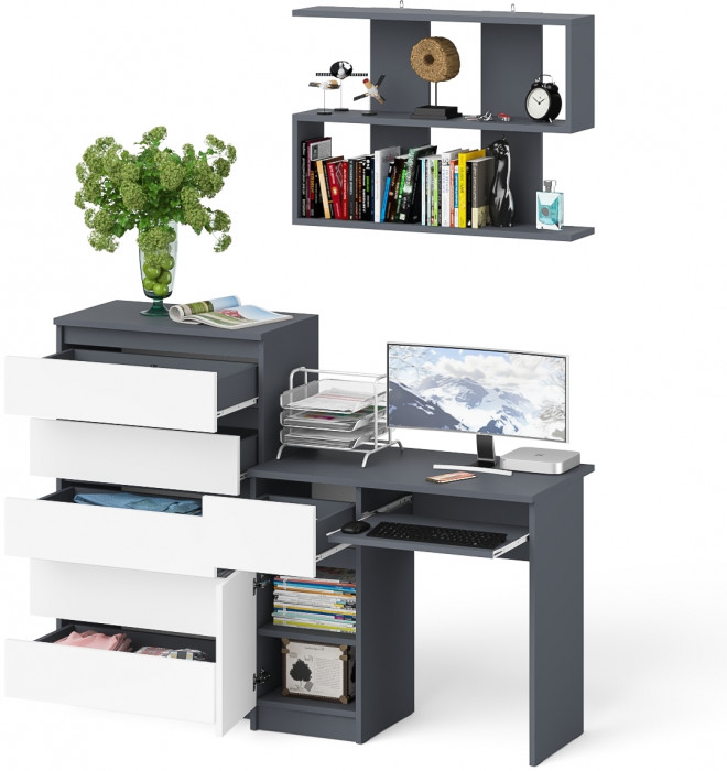 Мори Стол компьютерный МС-1 левый + Комод МК700.5 + Полка 900, цвет графит/белый, ШхГхВ 160,4х50х209,6 см., НЕ универсальная сборка