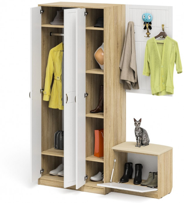 Прихожая П-6 Компоновка № 47, дуб сонома/фасады МДФ белое дерево фрезеровка прованс