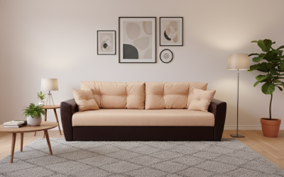 Диван-еврокнижка Амстердам, 150х195, пружинный блок, рогожка/экокожа, коричнево-бежевый