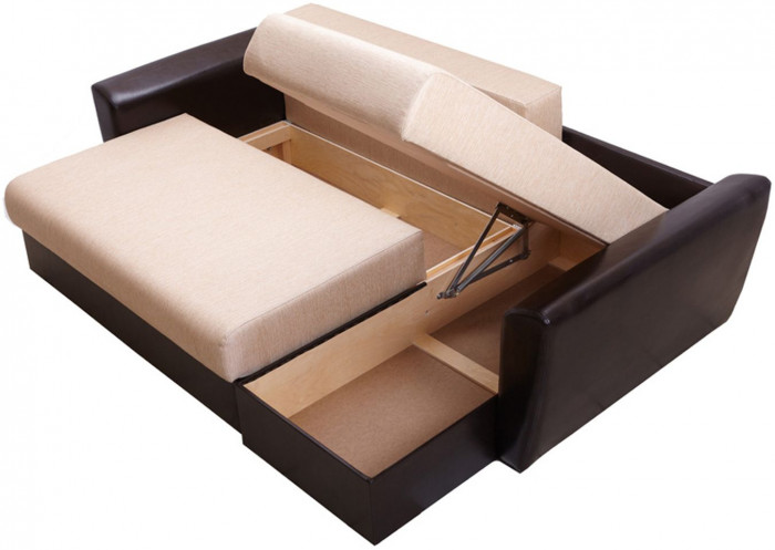 Диван-кровать угловой Амстердам, 150х200, еврокнижка, рогожка/экокожа, бежево-коричневый