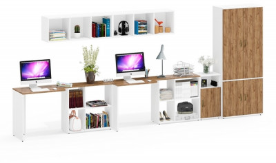 Лидер-8 Стол + Полка + Стол + Полка + Шкаф МД 20Б + Тумба МД 3.19, белый шагрень/крафт золото