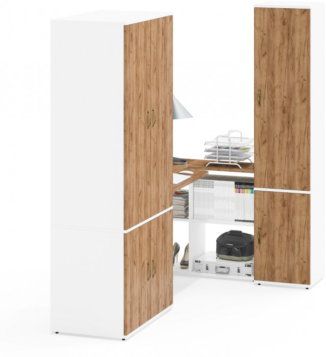 Лидер-8 Шкаф МД 19Б + Стол + Пенал 21Б, белый шагрень/крафт золото