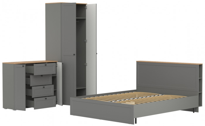 Остин 11.53 Кровать + ортопед + 13.224 Шкаф + 16.221 Комод, серый графит/дуб крафт золотой