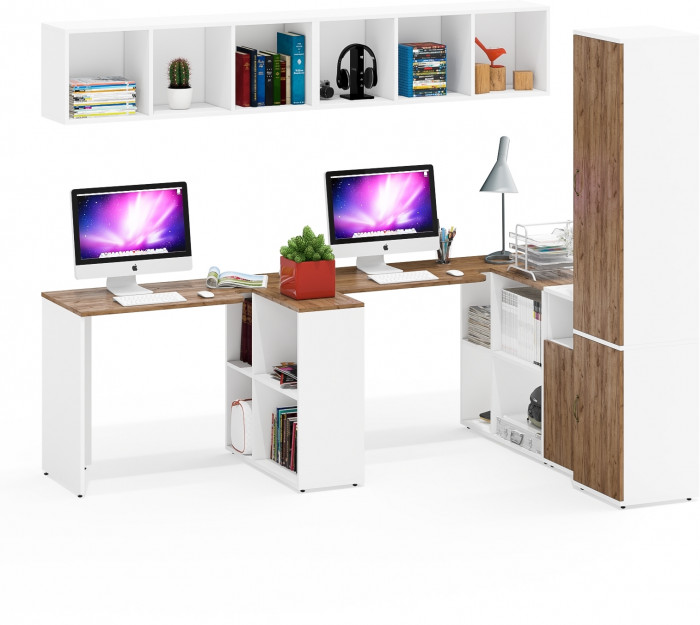 Лидер-8 Стол + Полка + Стол + Полка + Пенал МД 22Б + Тумба МД 3.19, цвет белый шагрень/крафт золото, 410х50х75/190 или 230х160/50х75/190, НЕ ун. сб.