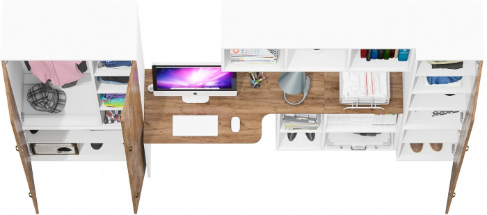 Лидер-8 Шкаф МД 20Б + Стол + Полка + Пенал 22Б, цвет белый шагрень/крафт золото, ШхГхВ 285х50/37,5х75/190 или 195х120х75/190 см., НЕ ун.сб.