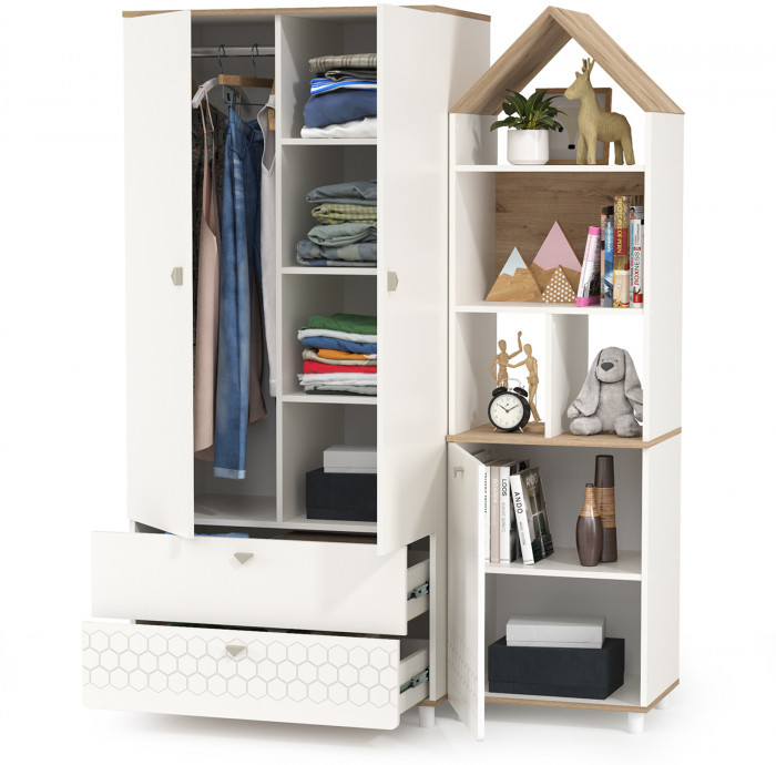 Эйп 13.334 Шкаф для одежды + 13.14 Стеллаж, цвет белый/дуб белый, ШхГхВ 138х51,1х183,8 см., универсальная сборка