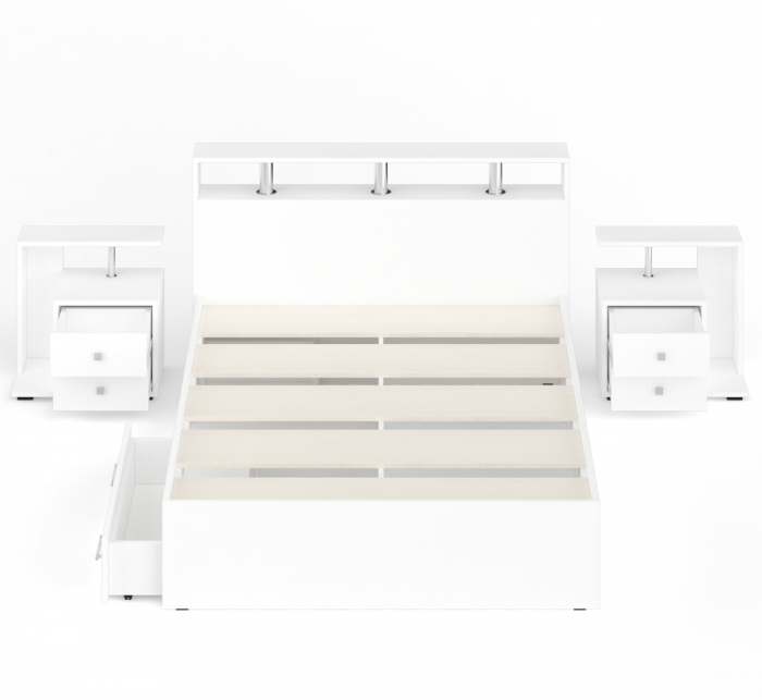 Камелия Кровать с ящиками 1400 + две тумбы, цвет белый, ШхГхВ 256х217х78,2 см., сп.м. 1400х2000 мм., без матраса, основание есть