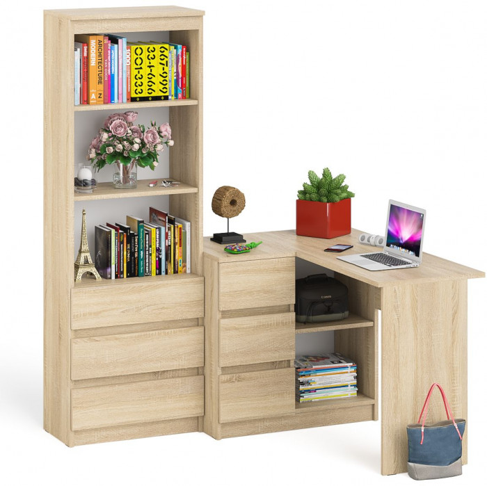 Мори Стол компьютерный МС-16 левый + Стеллаж МСТ600.3, цвет дуб сонома, ШхГхВ 184,8х84,9х179,6 см., выдвижные ящики слева, НЕ универсальная сборка
