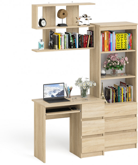 Мори Стол компьютерный МС-6 правый + Стеллаж МСТ600.3 + Полка 900, цвет дуб сонома, ШхГхВ 150,4х50х209,6 см., НЕ универсальная сборка