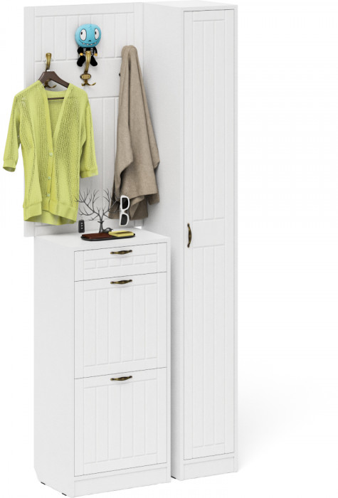 Прихожая П-6 Компоновка № 24, цвет белая шагрень/фасады МДФ белое дерево фрезеровка прованс, ШхГхВ 90х35х220 см., универсальная сборка