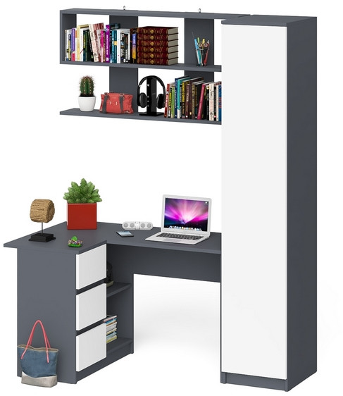Мори компьютерный стол МС-16 левый + Пенал МШ400.1 + Полка 1200, графит/белый