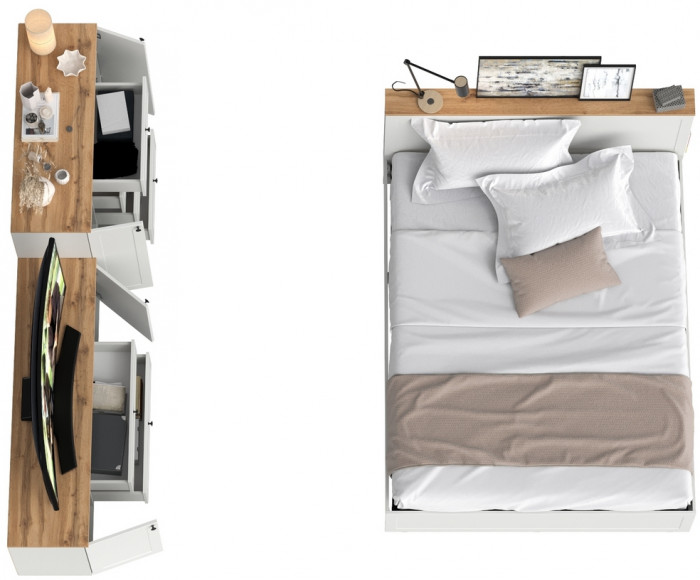 Остин 11.53 Кровать + ортопед + 16.47 Тумба под ТВ + 16.221 Комод, белый шагрень/дуб крафт золотой