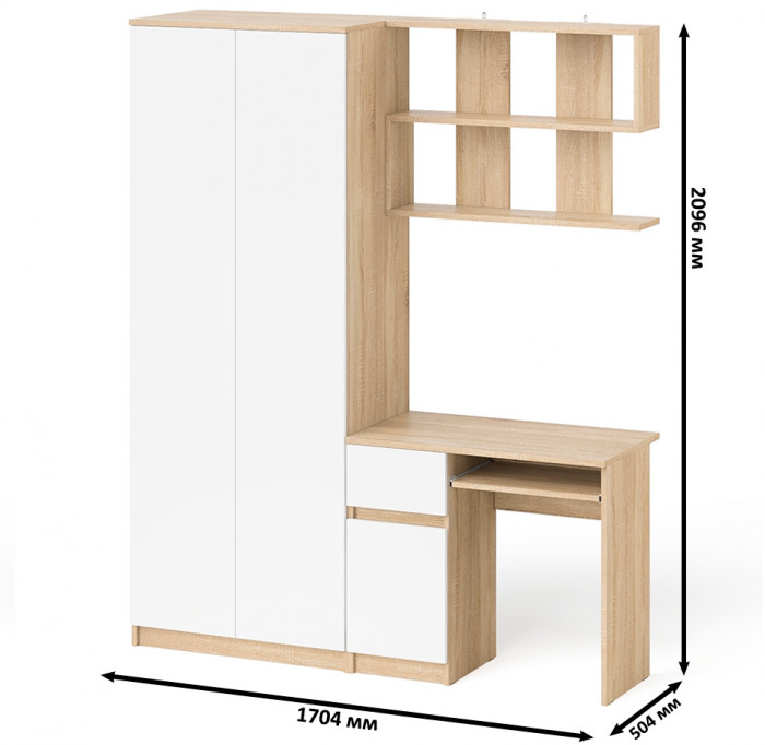 Мори Стол компьютерный МС-1 левый + Шкаф МШ800.1 + Полка 900, цвет дуб сонома/белый, ШхГхВ 170,4х50,4х209,6 см., НЕ универсальная сборка
