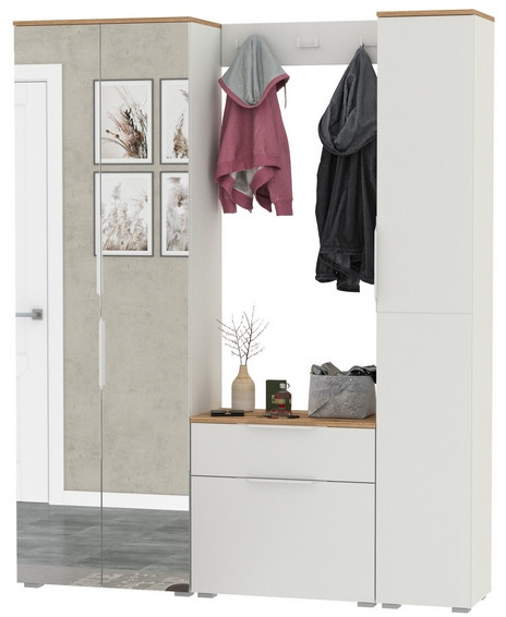 Октава Прихожая 23, цвет белый шагрень/дуб крафт золотой/фасады МДФ белый шагрень, ШхГхВ 161,5х35,4х197,6 см., универсальная сборка