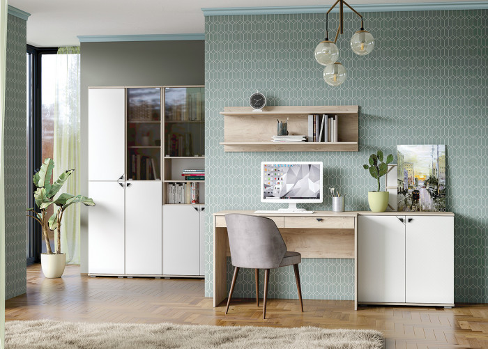 КР100 Бостон 13.155 Шкаф, цвет дуб эндгрейн элегантный/фасады МДФ милк рикамо софт, ШхГхВ 38,6х35,1х194,4 см., универсальная сборка