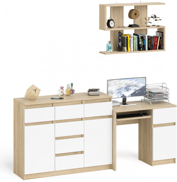 Мори компьютерный стол МС-1 правый + Комод МК1200.4 + Полка 900, дуб сонома/белый