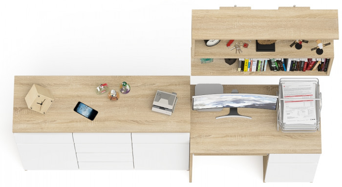 Мори компьютерный стол МС-1 правый + Комод МК1200.4 + Полка 900, дуб сонома/белый