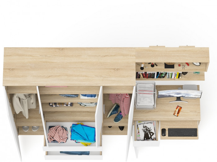 Мори Стол компьютерный МС-1 левый + Шкаф МШ1600.1 + Полка 900, цвет дуб сонома/белый, ШхГхВ 250,4х50,4х209,6 см., НЕ универсальная сборка