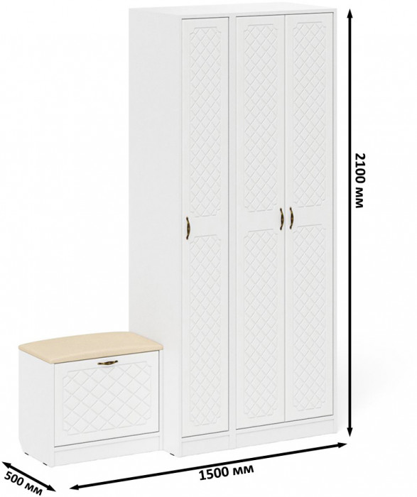 Прихожая П-6 Компоновка № 45, цвет белая шагрень/фасады МДФ белое дерево фрезеровка ромб, ШхГхВ 150х50х210 см., универсальная сборка