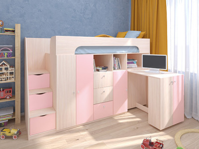 Кровать чердак Астра 11 Дуб молочный/Розовый