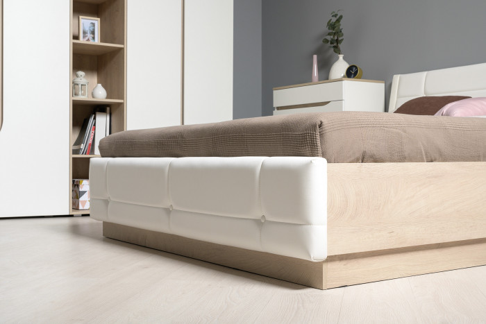 Муссон Кровать 11.28 + под. ортопед + 13.97 + Зеркало СВК + Тумба ТВ 13.276, цвет белый/чёрный/дуб эндгрейн элегантный/кожзам белый, 1600х2000 мм, б/м