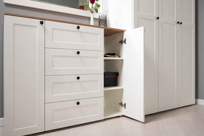 Остин Прихожая 57, цвет белый шагрень/дуб крафт золотой, ШхГхВ 240х54,3х229,6 см., универсальная сборка