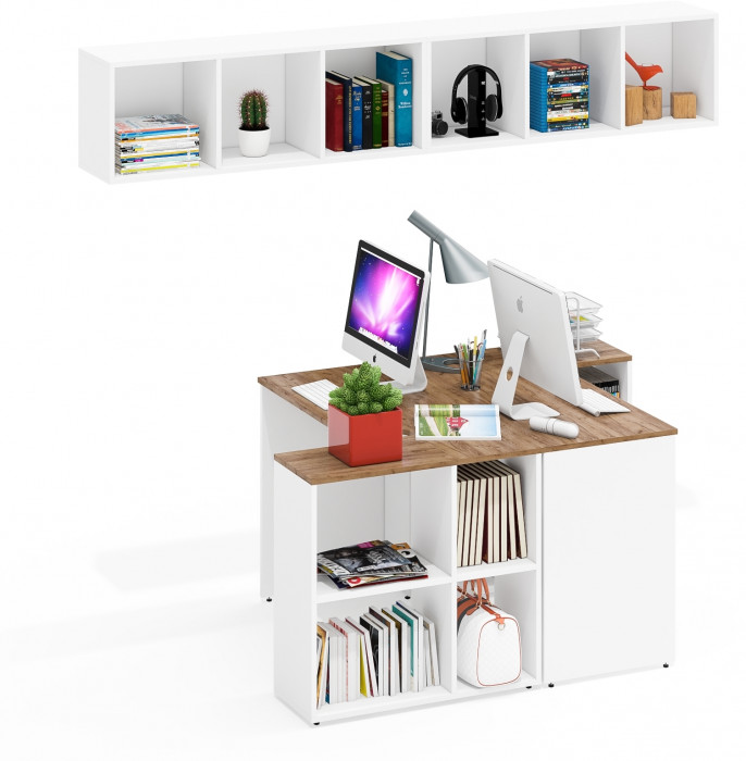 Лидер-8 Стол + Полка + Стол + Полка, белый шагрень/крафт золото