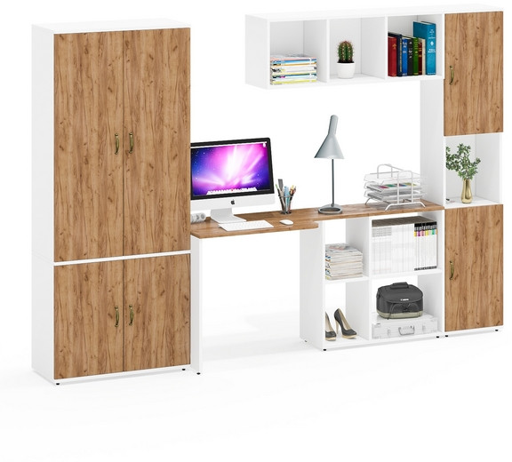 Лидер-8 Шкаф МД 20Б + Стол + Полка + Пенал, цвет белый шагрень/крафт золото, ШхГхВ 285х50/30х75/190 или 195х120х75/190 см., НЕ ун.сб.