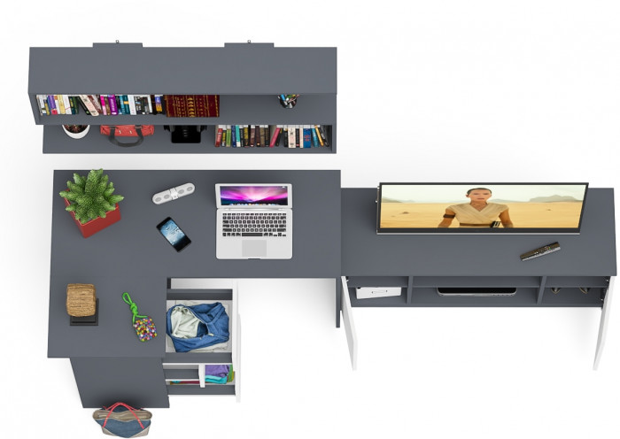 Мори компьютерный стол МС-16 левый + Тумба МТВ1200.1 + Полка 1200, графит/белый