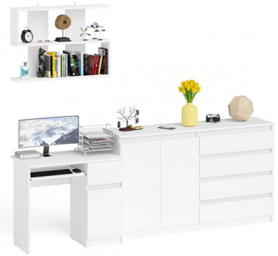 Мори Стол компьютерный МС-1 правый + Комод МК1600.1 + Полка 900, цвет белый, ШхГхВ 250,4х50х209,6 см., НЕ универсальная сборка