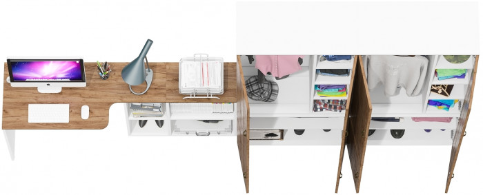 Лидер-8 Стол + Шкаф МД 20Б + Шкаф МД 20Б, цвет белый шагрень/крафт золото, ШхГхВ 325х50/37,5х75/190 или 115х240/50х75/190 см., НЕ ун. сборка