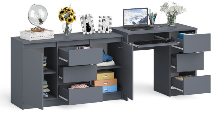 Мори компьютерный стол МС-6 правый + Комод МК1200.3, графит
